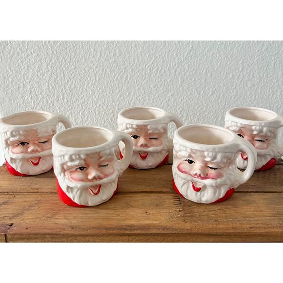 5 Vintage Winking Santa Mugs by INARCO Made in Japan 1950s Retro Christmas - Picture 1 of 10